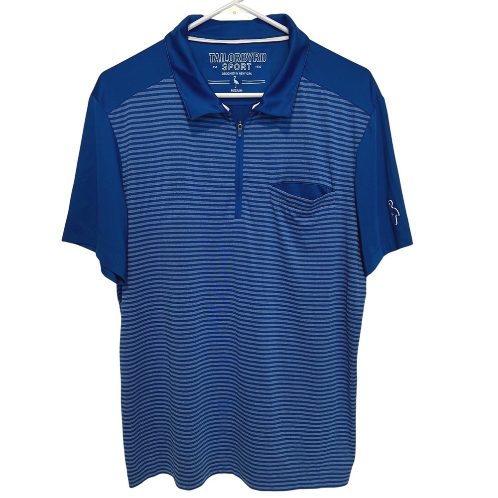 Tailorbyrd Men's M Golf Polo Shirt Blue Striped Quarter Zip Short Sleeve Stretch